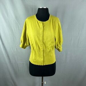 Scoop Cardigan Sweater Women L Lime Yellow Ribbed Knit Button Front Puff Sleeve